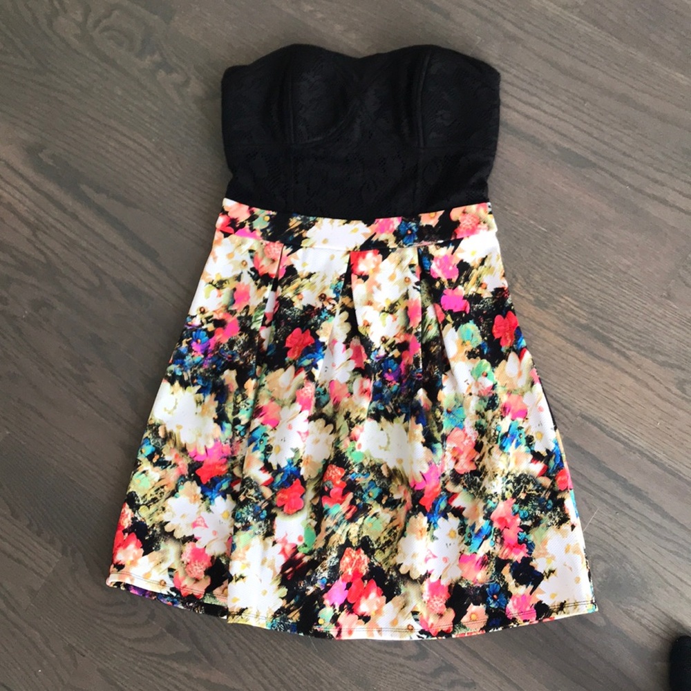 Lacy black/floral strapless dress. Never worn!